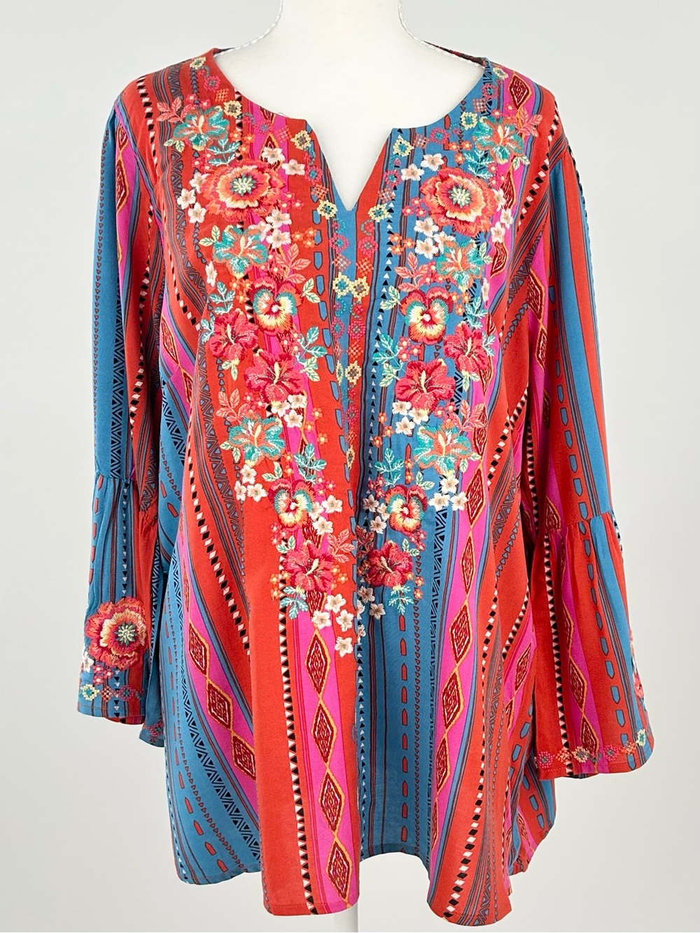Savanna Jane Embroidered Boho Bell Sleeve Tunic Top Floral Stripe L